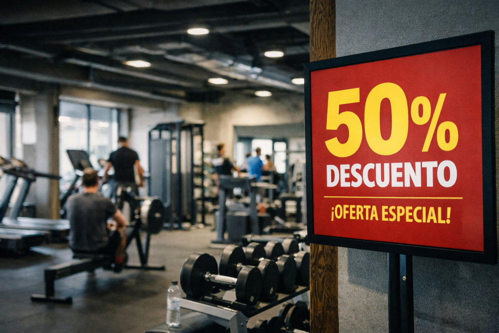 Cartel de promoción con descuento en un gimnasio, ejemplo de comunicación basada solo en ofertas dentro del marketing digital deportivo